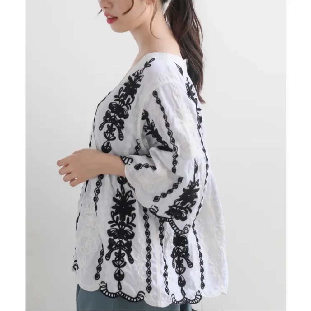 White Blouse with Black Embroidered Motif